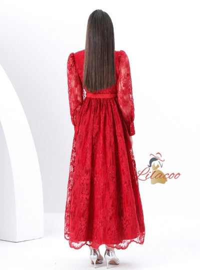 V-neck Lace Single-breasted Long Dress