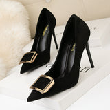 Fine-heeled Suede Metal Square Buckle Shoes