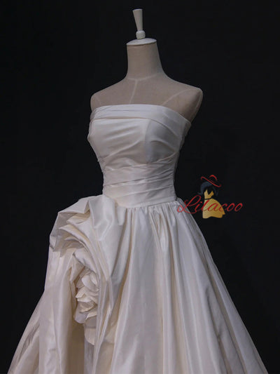 Ivory Satin Strapless Pleats Flower Wedding Dress