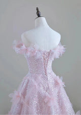 Pink Tulle Sequins 3D Flower Prom Dress