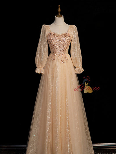 Champagne Tulle Sequins Beading Prom Dress