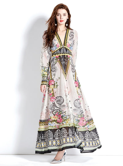 Retro Deep V-neck Lantern Sleeve Printed Dress