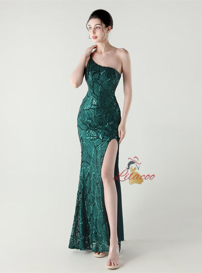 Mermaid One Shoulder Sequins Split Prom Dress