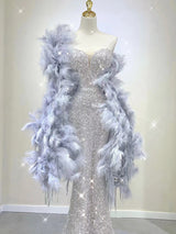 Silver Mermaid Sequins Prom Dress With Shawl