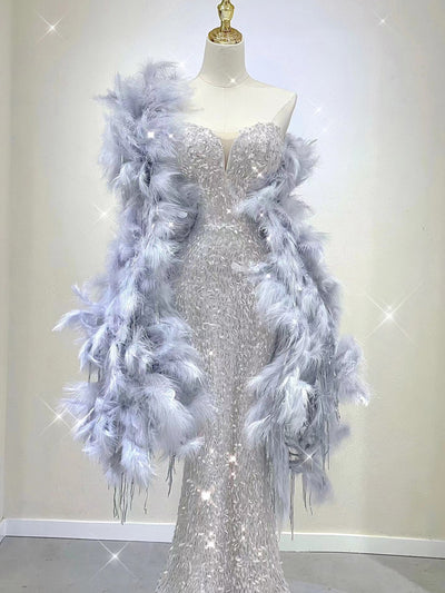 Silver Mermaid Sequins Prom Dress With Shawl