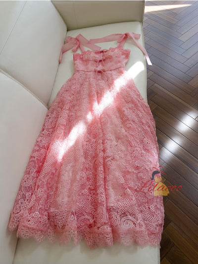 Pink Lace Straps Beading Prom Dress