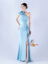 One Shoulder Pleats Flower Prom Dress