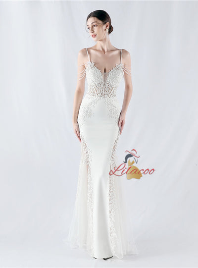 Mermaid Sequins Spaghetti Straps Appliques Prom Dress