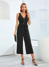Sleeveless Button V-neck Jumpsuit