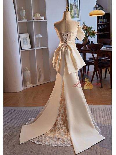 Champagne Mermaid Lace Satin Strapless Wedding Dress