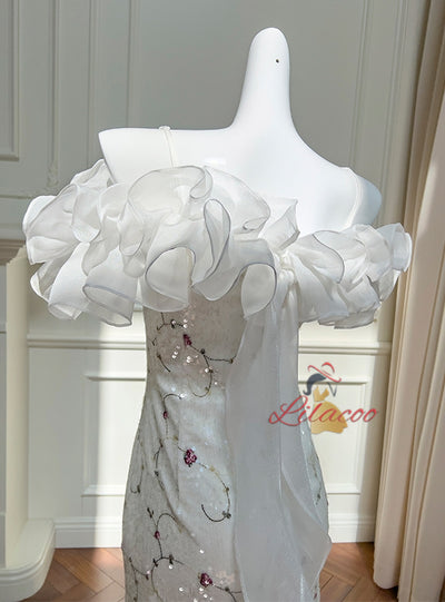 White Sequined Embroidered Fishtail Long Dress