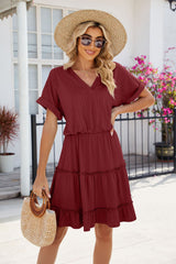 Solid Color V-neck Loose Short Sleeve Dress