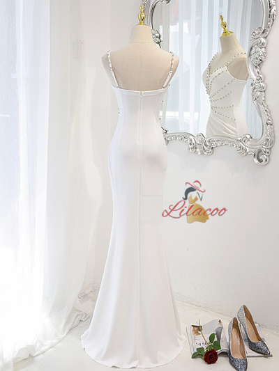 White Mermaid Spaghetti Straps Beading Wedding Dress