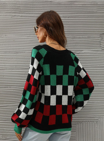V-neck Check Contrast Pullover Sweater