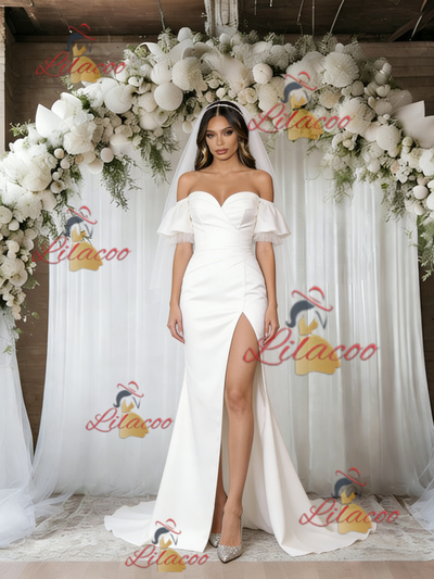 White Mermaid Off the Shoulder Puff Sleeve Wedding Dress