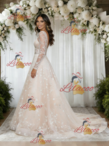 Champagne Lace Long Sleeve V-neck Wedding Dress