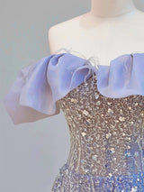 Blue Tulle Sequins Off the Shoulder Prom Dress