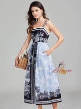 Retro Printed Suspender Dress