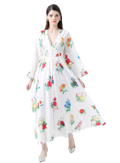 Retro Deep V-neck Printed Long Dress