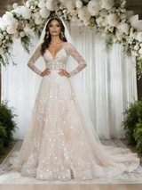 Champagne Lace Long Sleeve V-neck Wedding Dress