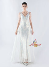 V-neck Tulle Sequins Beading Prom Dress