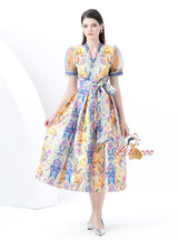 Vintage Printed V-neck Mesh Bubble Sleeve Dress