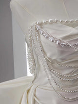 Ivory White Satin Pleats Bow Wedding Dress