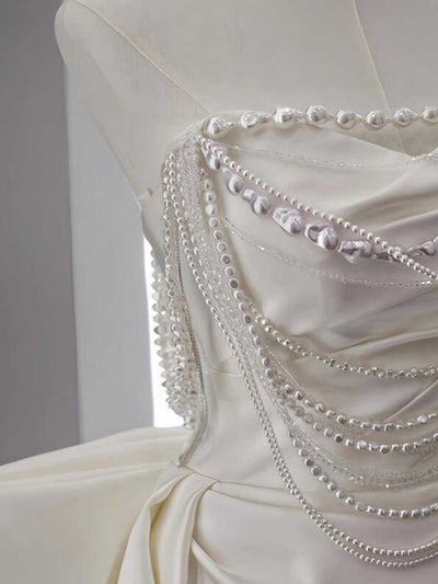 Ivory White Satin Pleats Bow Wedding Dress