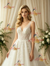 Beige White Tulle Appliques Wedding Dress
