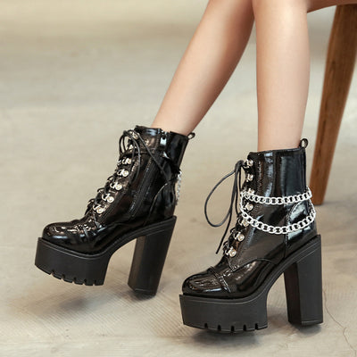 Patent Leather Metal Chain Martin Boots