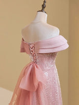 Pink Tulle Sequins Off the Shoulder Prom Dress