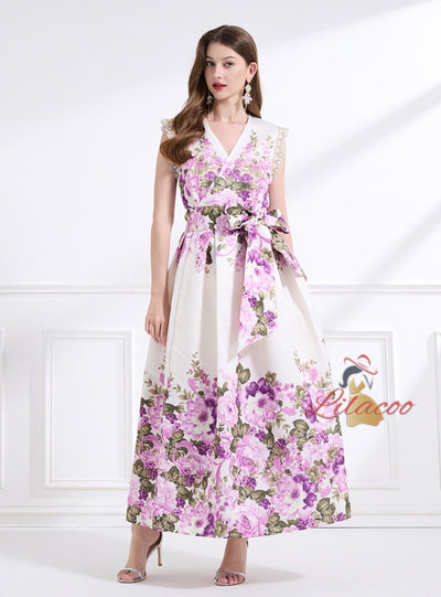 Retro Printed Sleeveless Lace Dress