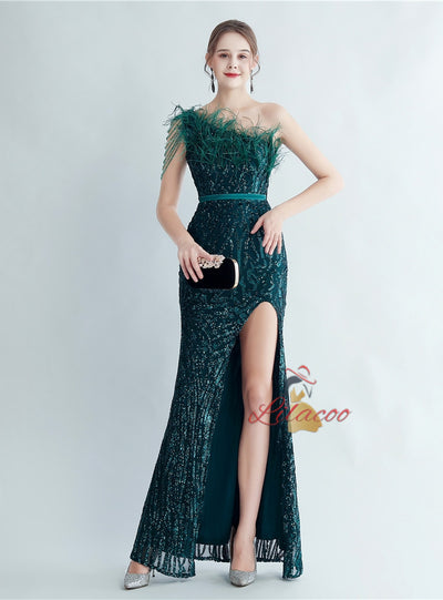 Mermaid Sequins One Shoulder Beading Split Prom Dress