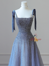 Blue Tulle Beading Straps Prom Dress
