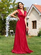 Red Deep V-neck Pleats Prom Dress