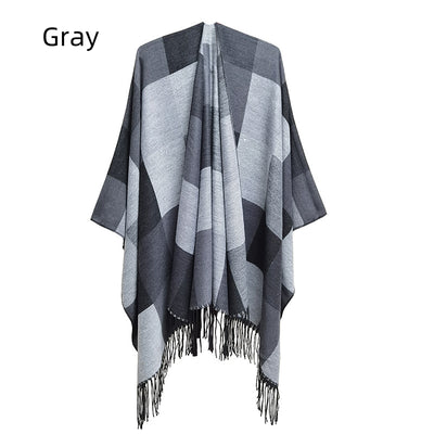 Fringed Double-sided Plaid Split Shawl