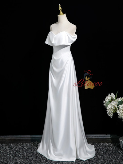 White Satin Off the Shoulder Wedding Dress
