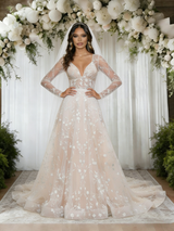 Champagne Lace Long Sleeve V-neck Wedding Dress
