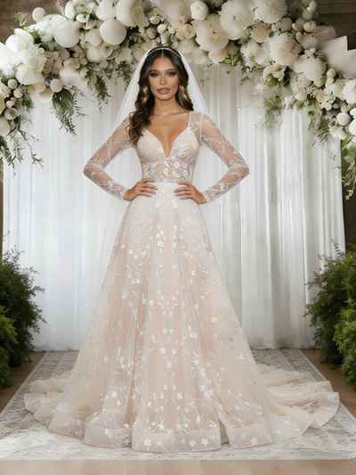 Champagne Lace Long Sleeve V-neck Wedding Dress