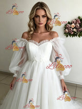 White Tulle Puff Sleeve Off the Shoulder Wedding Dress