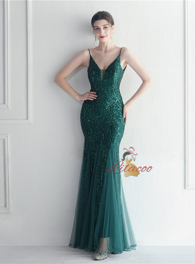 Spaghetti Straps Tulle Sequins Prom Dress