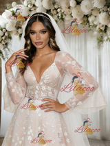 Champagne V-neck Lace Wedding Dress