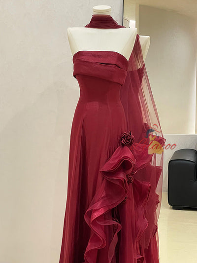 Burgundy Tulle Strapless Prom Dress