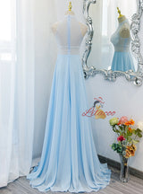 Pink Chiffon High Neck Beading Prom Dress