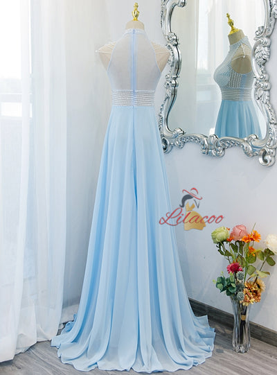 Pink Chiffon High Neck Beading Prom Dress