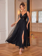 Black Tulle Sequins Straps Party Dress