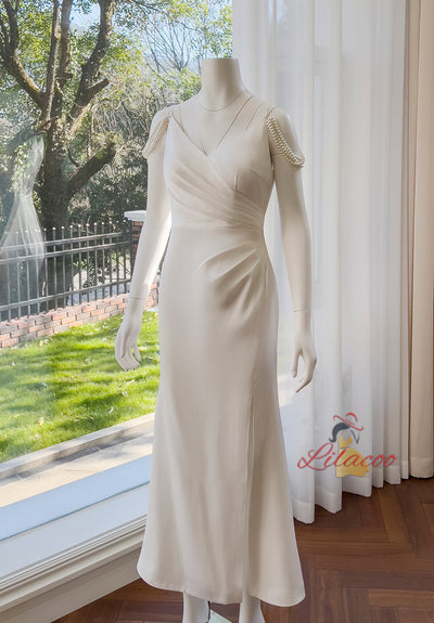 White Straps Pearls Prom Dress