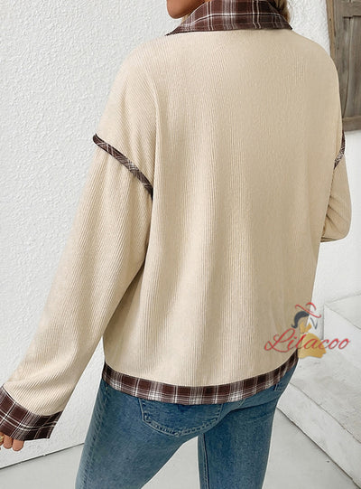 Casual Retro Lapel Plaid Corduroy Stitching Jacket