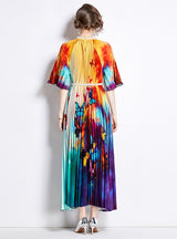 Wrinkled Short-sleeved Beaded Gradient Print dress