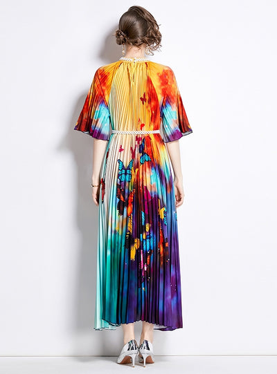 Wrinkled Short-sleeved Beaded Gradient Print dress